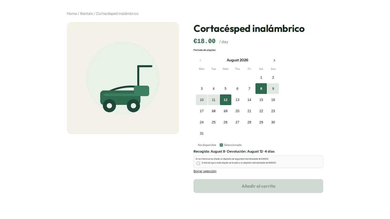 Página de producto de la tienda con el calendario de alquiler: fechas del 8 al 12 de agosto seleccionadas, días no disponibles tachados, resumen de recogida y devolución